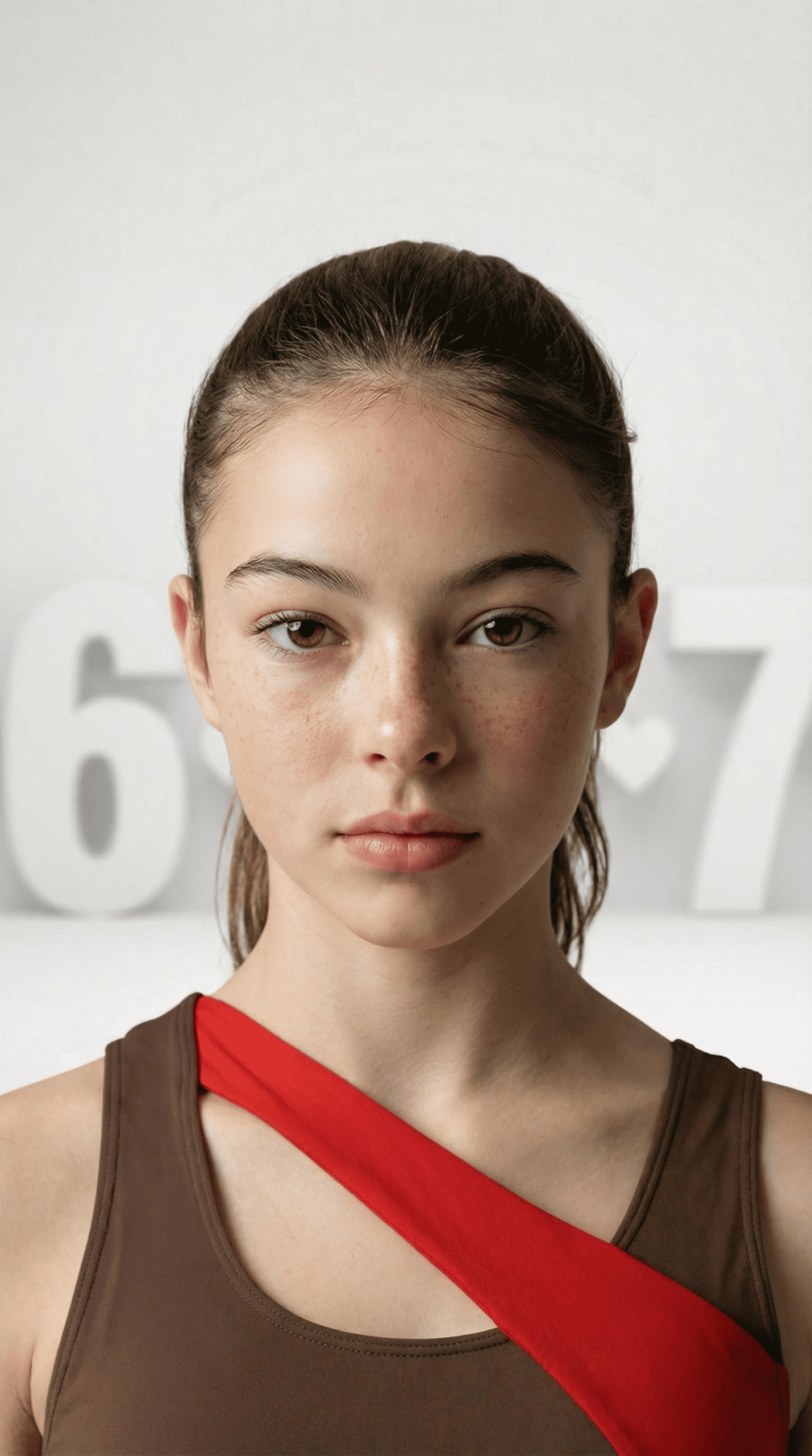 Retrato de bailarina usando el top de danza HEARTBEAT en color café con franja diagonal roja, estilo moderno y juvenil