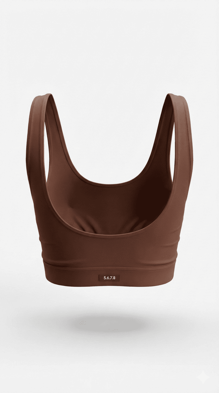 Vista posterior del top de danza HEARTBEAT en color café, diseño de espalda abierta con tirantes anchos y ajuste cómodo